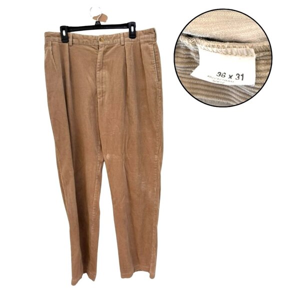 Classic Fit Men's Corduroy Trousers Size 36x31 Khaki Tan Pleated Front Cords - Picture 1 of 5